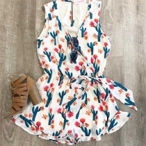Sexy V-neck Sleeveless Cactus Printed Romper 