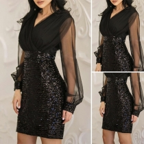 Sexy Gauze Spliced Lantern Sleeve V-neck Sequin Dress