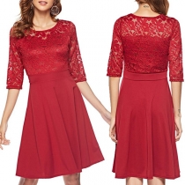 Fashion Solid Color Half Sleeve Round Neck Lace Spliced Dress