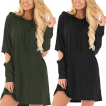 Chic Style Hollow Out Long Sleeve Hooded Sweatshirt Dress
