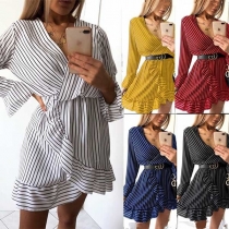 Sexy V-neck Irregular Ruffle Hem Long Sleeve Striped Dress