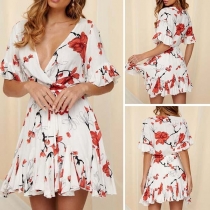 Sexy Deep V-neck Short Sleeve Ruffle Hem Printed Dress