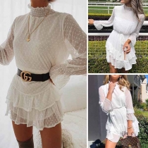 Sweet Style Ruffle Stand Color Dots Printed Gauze Dress