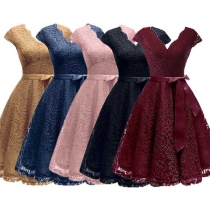 Sexy Backless V-neck Sleeveless High Waist Lace Dress