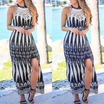 Sexy Backless Slit Hem High Waist Printed Halter Dress