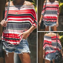Sexy Off-shoulder Boat Neck Short Sleeve Striped T-shirt 