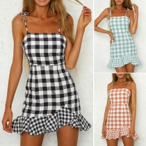 Sexy Backless Ruffle Hem Slim Fit Sling Plaid Dress