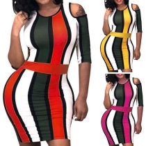 Sexy Off-shoulder Half Sleeve Round Neck Contrast Color Dress