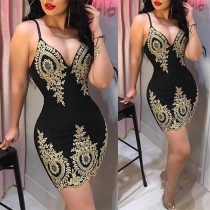 Sexy Backless Deep V-neck Slim Fit Printed Sling Dress