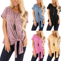 Fashion Short Sleeve Round Neck Knotted Hem T-shirt 