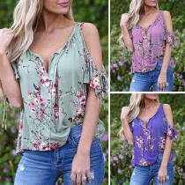 Sexy off-shoulder Short Sleeve V-neck Printed T-shirt 