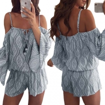 Sexy Off-shoulder Trumpet Sleeve Printed Sling Romper
