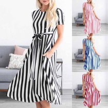 Fashion Short Sleeve Round Neck Lace-up Striped Dress