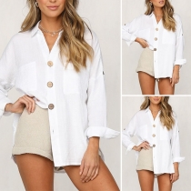 Fashion Solid Color Long Sleeve V-neck Loose Shirt