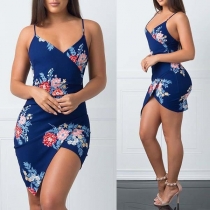Sexy Backless V-neck Irregular Hem Slim Fit Printed Sling Dress