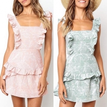 Sexy Backless Sleeveless Ruffle Printed Dress
