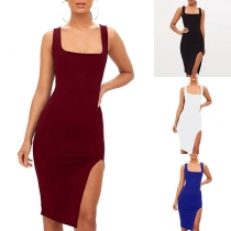 Sexy Slit Hem Square Collar Solid Color Slim Fit Dress