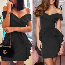 Sexy Off-shoulder V-neck High Waist Solid Color Ruffle Dress