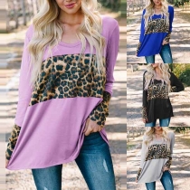 Fashion Leopard Spliced Long Sleeve Loose T-shirt 