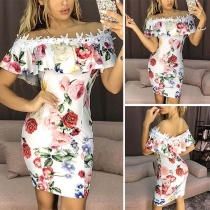 Sexy Ruffle Boat Neck Slim Fit Printed Dress