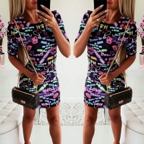 Fashion Colorful Letters Printed Short Sleeve Round Neck Slim Fit Dress