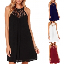 Sexy Off-shoulder Lace Spliced Solid Color Halter Dress