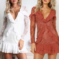 Sexy Lace Spliced Long Sleeve V-neck Ruffle Dress