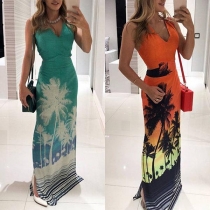 Sexy Contrast Color Deep V-neck Sleeveless Backless Over-hip Dress