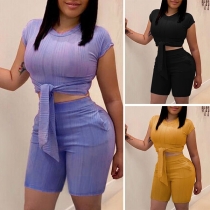 Sexy Short Sleeve Lace-up Shorts Length Crop Top + High Waist Shorts Two-piece Set 