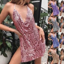 Sexy Backless Deep V-neck Slit Hem Serpentine Printed Sling Dress