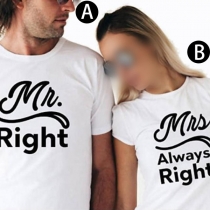 Fashion Round-neck Short Sleeve Letters Printed Lover's Shirt