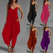 Fashion Solid Color Deep V-neck Backless Sleeveless Pleated Hem Jumpsuit