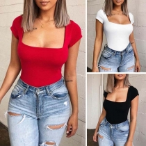 Fashion Solid Color Short Sleeve Round-neck Slim Fit Romper