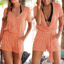 Sexy Deep V-neck Short Sleeve Printed Romper 