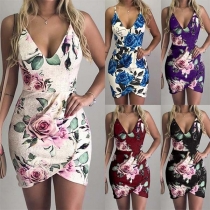 Sexy Backless V-neck Irregular Hem Printed Sling Dress