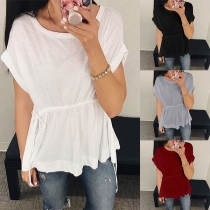 Fashion Solid Color Short Sleeve Drawstring Waist T-shirt 