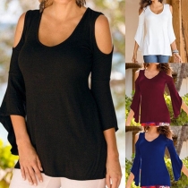 Fashion Solid Color Round Neck Open Shoulder Bell Sleeve T-Shirt
