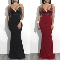 Sexy Backless Deep V-neck Sequin Spliced Sling Dress