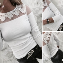Sexy See-through Lace Spliced Long Sleeve Round Neck T-shirt 