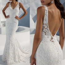 Sexy Backless Sleeveless V-neck Slim Fit Lace Party Dress