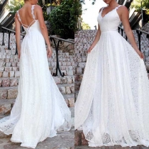 Sexy Backless V-neck High Waist Sling Lace Dress