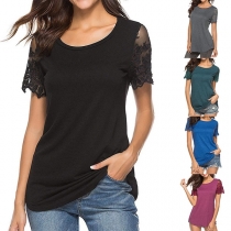 Fashion Lace Spliced Short Sleeve Round Neck T-shirt 