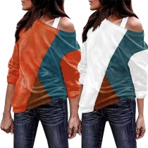 Fashion Oblique Shoulder Long Sleeve Contrast Color T-shirt