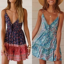Sexy Backless V-neck Printed Sling Dress
