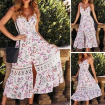 Sexy V-neck Button Lace Spliced Printed Sling Dress 