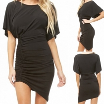 Sexy Front Drawstring Ruffle Sleeve Irregular Hem Slim Fit Dress