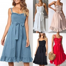 Sexy Backless Ruffle Hem Solid Color Sling Dress