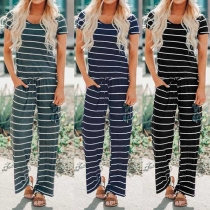 Fashion Short Sleeve Round Neck Striped Jumpsuit