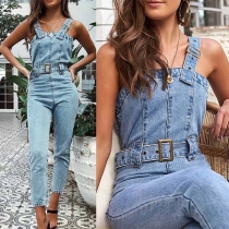Casual Style Self-tie Slim Fit Denim Cami Jumpsuit 