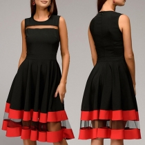 Sexy Round Neck Mesh Contrast Color Spliced Sleeveless Dress